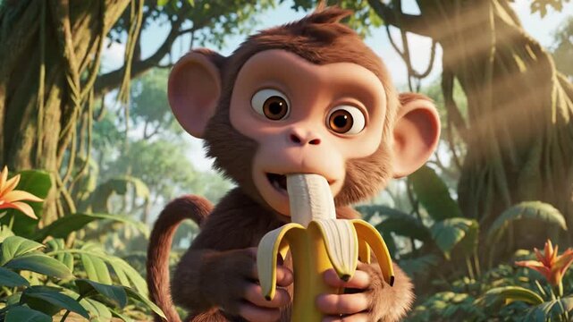 A charming 3D animated monkey with big eyes joyfully peels and eats a ripe yellow banana in a lush, sun-kissed tropical jungle, portraying innocence and the abundance of nature