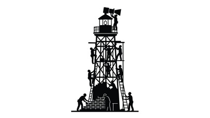 Obraz premium Construction workers building metal broadcast tower with people climbing ladders and silhouette