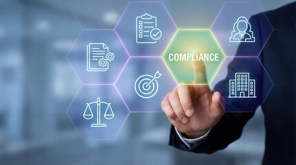 Professional hand pointing to glowing compliance button on modern virtual screen surrounded by hexagonal icons representing legal business and ethical regulations