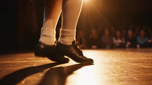 Irish step dancing feet performing on a wooden stage. Traditional folk dance in hard shoes and white socks. St. Patrick's Day celebration