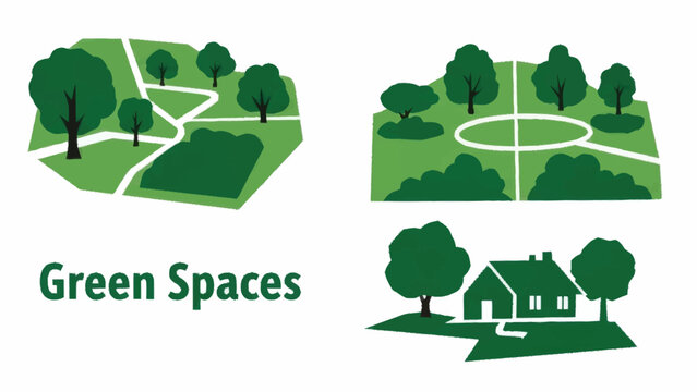 Green spaces and parks with trees and pathways.