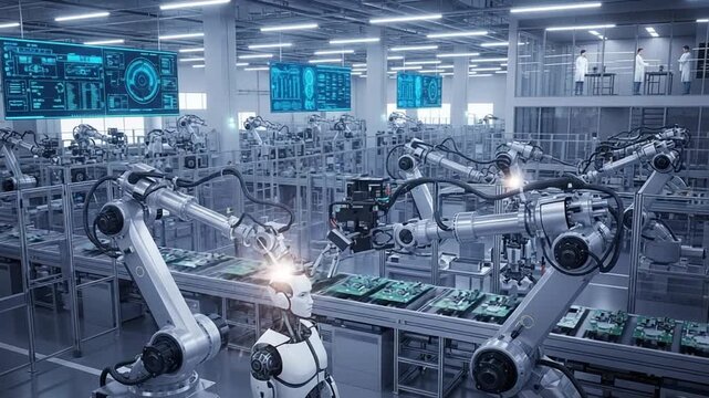 Futuristic Factory Automation: Industrial Robots Assembling Circuit Boards in a High-Tech Manufacturing Facility with Advanced Machinery and Robotics Technology