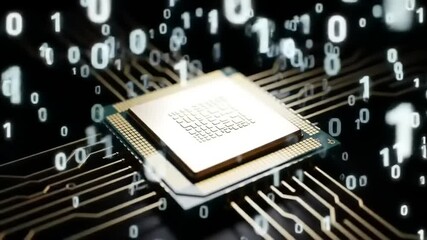 Digital technology background with a central computer chip and flowing binary code data streams, symbolizing information processing and artificial intelligence - Powered by Adobe