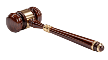 Wooden gavel with gold accents isolated on a transparent background