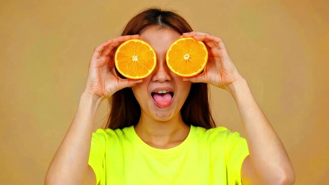 Playful young woman holds bright orange citrus halves over her eyes while sticking her tongue out against a warm background for a fun visual concept