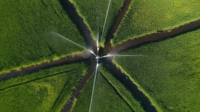 Aerial View of Sprinkler Irrigating Green Rice Paddy Field