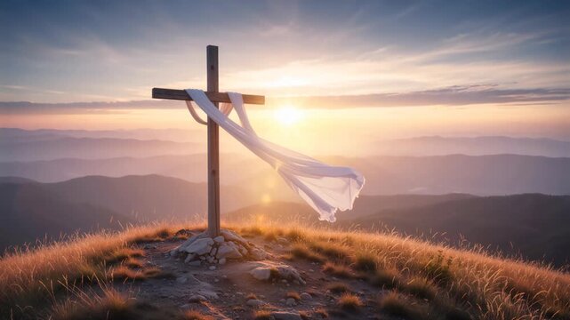 Wooden cross with white cloth blowing in the wind on a mountain peak at sunrise. Christian symbol of Easter and resurrection