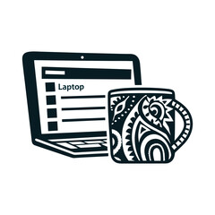 Laptop and Ornate Patterned Mug Vector Illustration