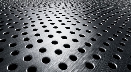 Close-up of perforated metal surface, featuring numerous evenly spaced circular holes, shiny finish