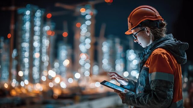 Construction worker using tablet at night illuminated with bokeh lights wearing safety gear with high visibility jacket and a focus on technology