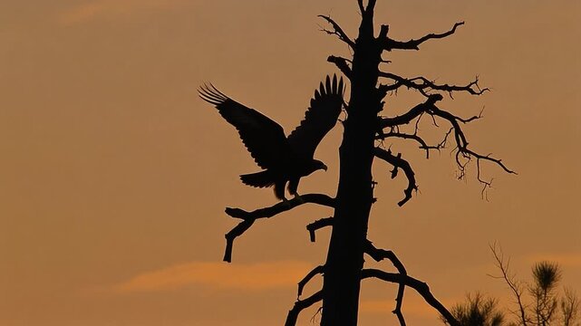 Majestic Eagle Silhouette Landing on Snag at Sunset
