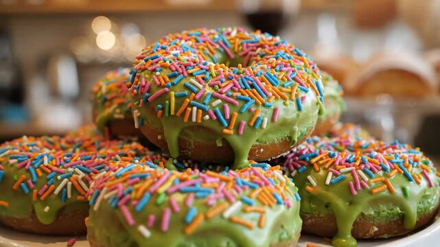 Stack of green glazed donuts with rainbow sprinkles on a white stand. Close-up zoom of festive St. Patrick's Day treats in a bakery. Sweet dessert and holiday celebration concept