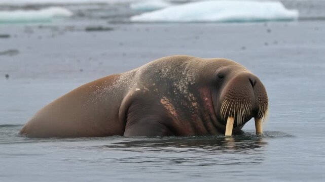 Majestic Walrus with Large Tusks in Icy Arctic Water