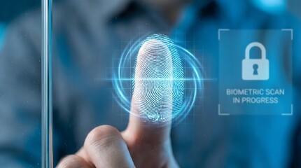 A person's finger undergoing a futuristic biometric scan for security and access control.