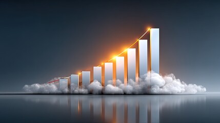 Modern graph with rising bars showing growth, progress and success concept, emerging from clouds with glowing highlights and reflecting surface in a dark background