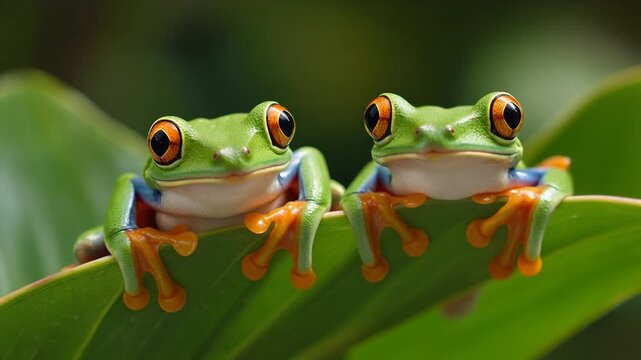 Two Red-Eyed Tree Frogs on a Green Leaf