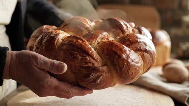 Baker holding a steaming loaf of fresh braided bread. Traditional homemade Easter Paska or Challah on a wooden background. Hot pastry concept
