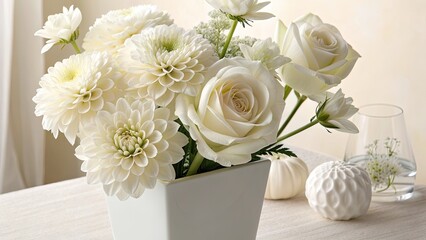 bouquet of roses, All-white flowers in modern vase, calm neutral palette, luxury minimal aesthetic