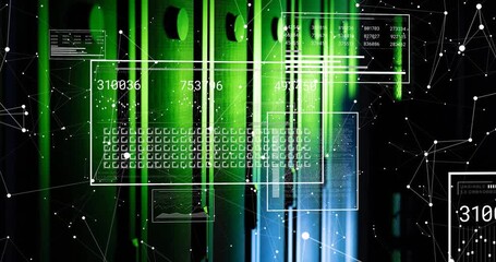 Animation of interface with data processing and network of connections against computer server room - Powered by Adobe