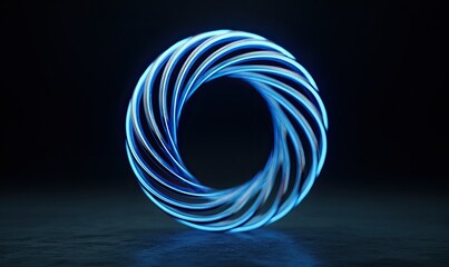 Illuminated 3D torus, blue light emanates from spiraling ribs against dark background