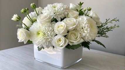 bouquet of flowers, All-white flowers in modern vase, calm neutral palette, luxury minimal aesthetic
