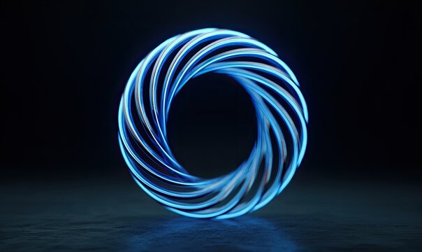 Illuminated 3D torus, blue light emanates from spiraling ribs against dark background - Powered by Adobe