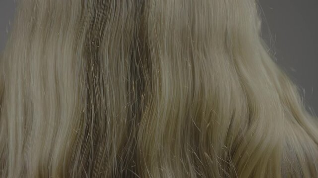 Flowing blonde hair transitions through movement, showcasing texture and shine as strands shift and catch light, emphasizing the natural beauty and dynamic motion of hair