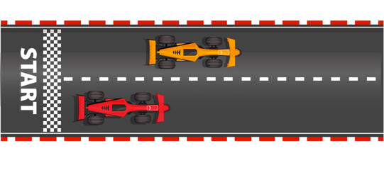 Obraz premium Race road Start and finish top view asphalt track with racing cars, sport speedway racetrack, competition roadway. border red and white.