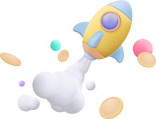 3d flying space rocket with spewing smoke. space for business startup concept