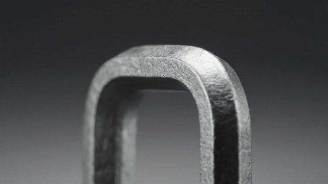 Close-up of a metallic U-shaped object with a textured surface against a gradient gray background