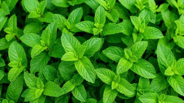 Abundant fresh green mint leaves create a vibrant natural pattern in an overhead full frame view.