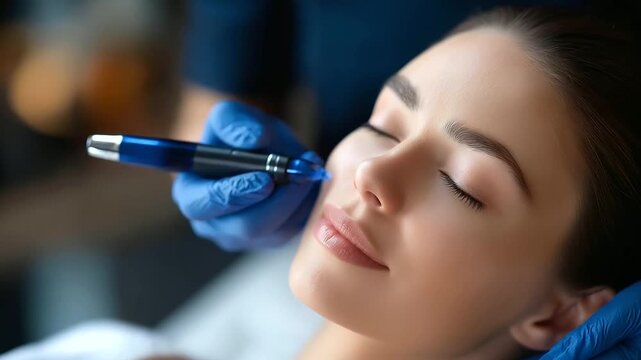 Woman receiving microneedling facial treatment with dermapen device, professional skincare clinic procedure, collagen induction therapy, advanced beauty technology, with copy space