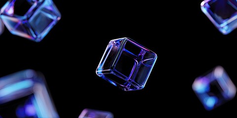 Transparent 3D cubes float against a black background, with iridescent colors reflecting light