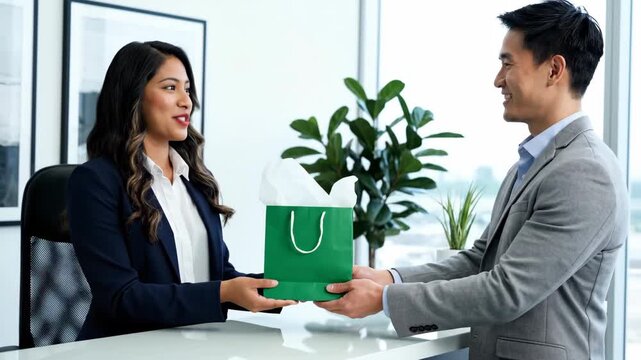 A man gives a green gift to his female coworker at her desk. Employee recognition and corporate appreciation. St. Patrick's Day celebration in the office - Powered by Adobe