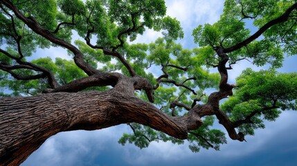 Fototapeta premium Majestic tree branches stretching towards a cloudy sky with vibrant green leaves under natural light, showcasing the beauty of nature in a serene environment