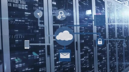Animation of cloud icon with network of connections and data processing over computer servers - Powered by Adobe