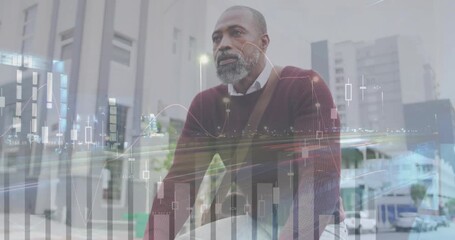 Animation of financial data processing over african american man riding bike in city - Powered by Adobe