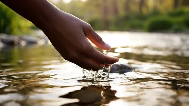 Hand dipping into clear flowing river water in sunlight, tranquil nature scene, refreshing outdoor experience.