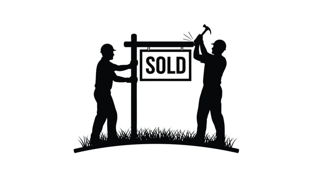 Two workers installing sold sign on lawn with hammer and post real estate concept