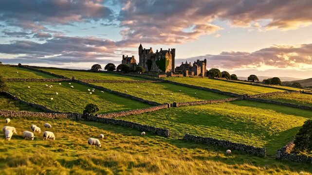 Ireland castle on a hill at sunset with grazing sheep. Medieval ruins in green pastures with stone walls. Irish heritage and St. Patrick's Day concept. Cinematic landscape footage
