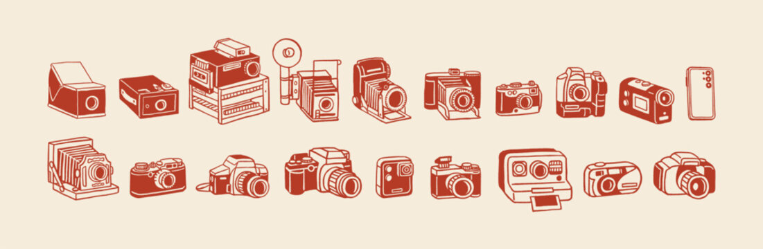 Evolution of video and photo camera doodle set. Different videocameras from old and retro to modern models. Development and history of photocamera. Flat isolated outline vector illustrations