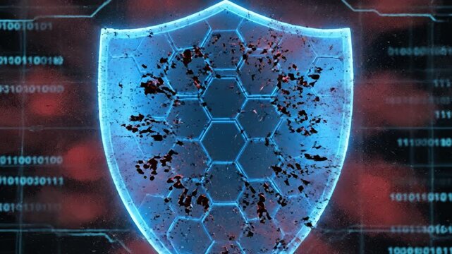 Blue digital shield with hexagon glitch suggesting cyber attack and data breach protecting against fragmenting virus particle while red viral particle floats digital grid with holographic ring