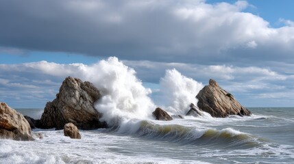 Obraz premium Majestic Waves Crash Against Rugged Coastal Rocks Under Dramatic Cloudy Sky on Serene Seashore Landscape Capturing Nature's Raw Power and Beauty