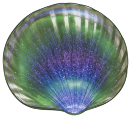 Glowing fiber optic lamp in shape of glass seashell with green light isolated with transparent background