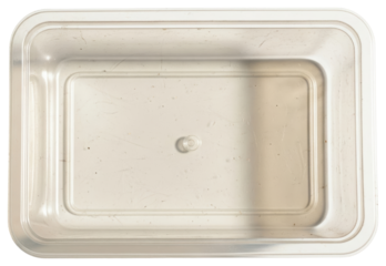 Rectangular empty clear plastic food storage container tray top view isolated with transparent background