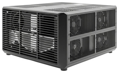 Black industrial computer chassis with passive cooling fins and vents isolated with transparent background