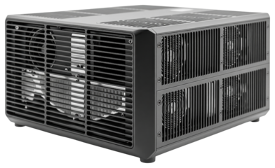 Black industrial computer chassis with passive cooling fins and vents isolated with transparent background