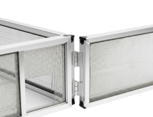 Silver aluminum frame corner with wire mesh screen and metal hinge isolated with transparent background
