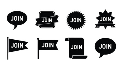 Black and white graphic elements displaying the word join in various shapes