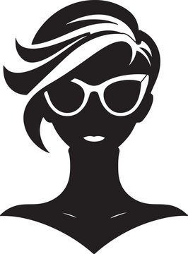 A stylish black silhouette icon of a woman with a trendy haircut and cat-eye glasses, set against a white background.